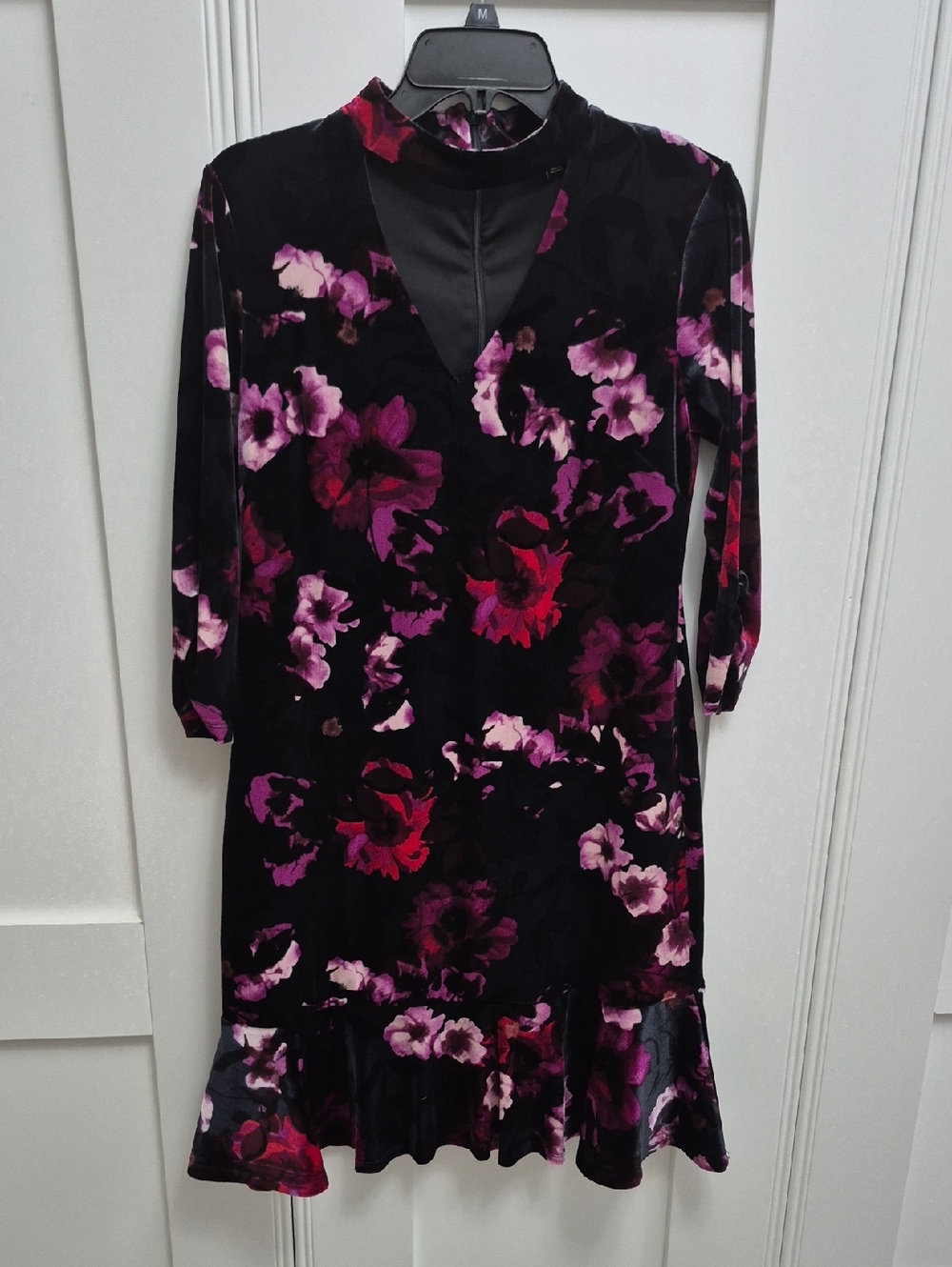 Black Floral Velvet Dress with Pink & Red Accents